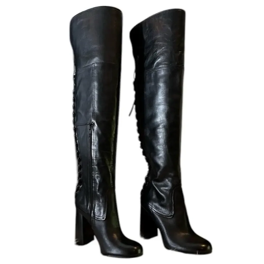NEW Vince Camuto Corset Calf Leather Laced Tolla Over The Knee Boots Black Sz 6